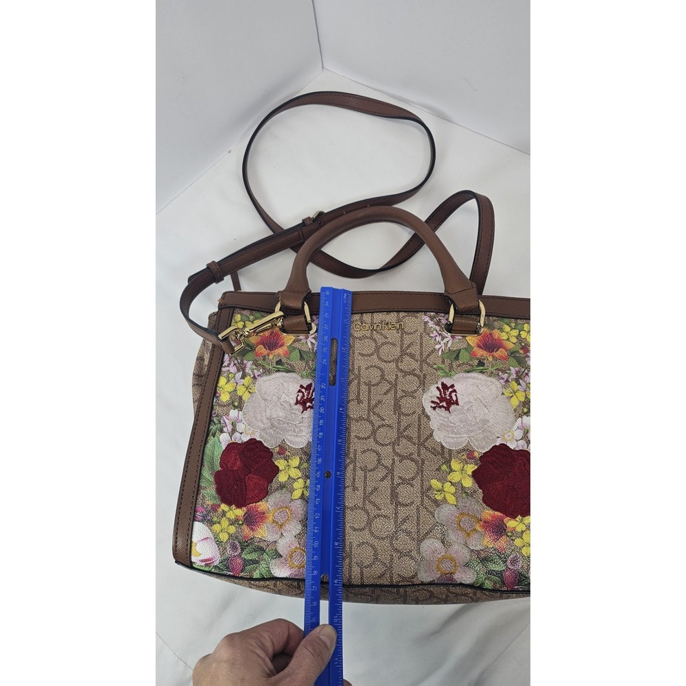 Calvin Klein Floral Embroidered Satchel Crossbody Logo Bag Brown Beige - Picture 7 of 9